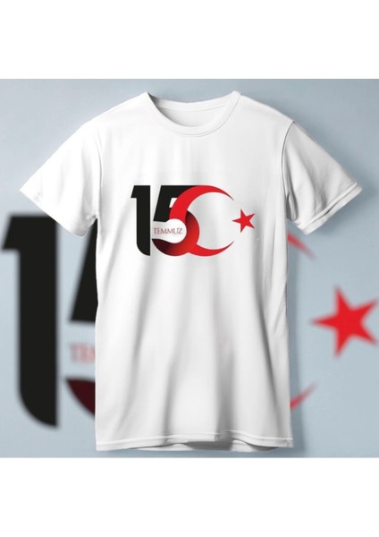 15 Temmuza Özel Tasarım Ay Yıldız Baskılı T-Shirt - Beyaz
