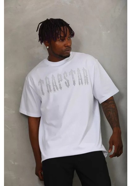 Unisex Oversize Taşlı Bisiklet Yaka T-Shirt - Beyaz modelleri