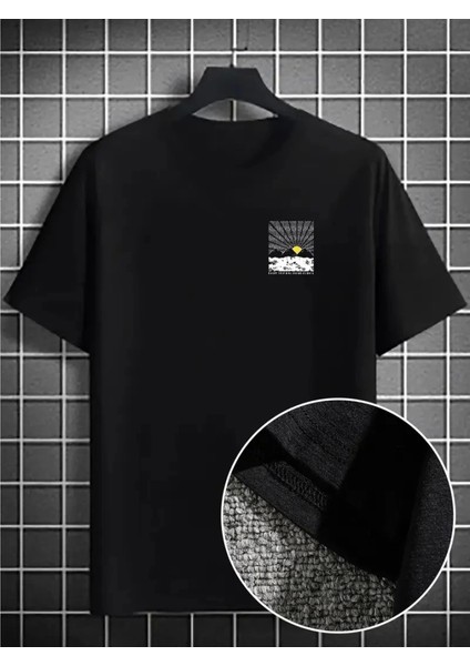 Erkek Dağ Grafikli Tişört, Yaz Için Büyük Beden Rahat T-Shirt - Siyah
