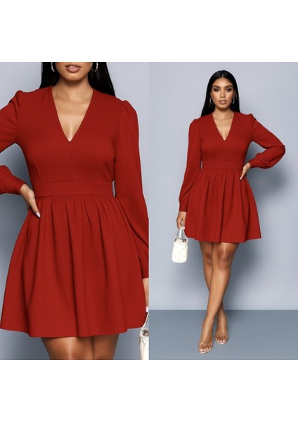 Kadın Uzun Kollu V Yaka Belden Hafif Pileli Scuba Krep Mini Boy Elbise modelleri