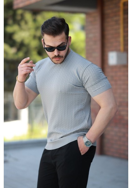 Erkek Bisiklet Yaka Örgü Desenli Kısa Örme Triko Kısa Kollu T-Shirt fiyatları