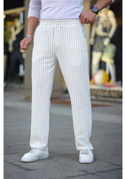 Erkek Cizgili Dokuma Krep Jogger Buggy Pantalon Rahat Kalıp - Beyaz modelleri