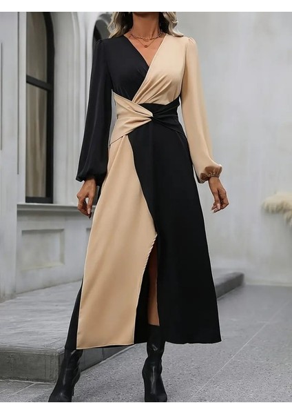 Kadın Uzun Kollu Kruvaze Yakalı Belden Çapraz Detaylı Çift Renkli Midi Ithal Krep Elbise