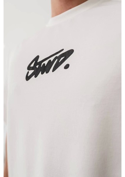 Erkek Baskılı Oversize T-Shirt - Beyaz