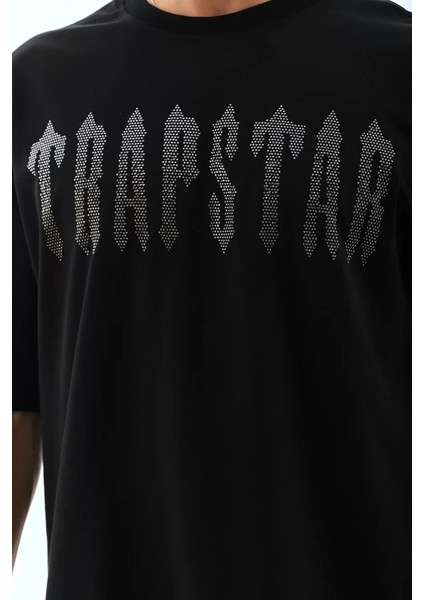 Unisex Oversize Taşlı Bisiklet Yaka T-Shirt - Siyah modelleri