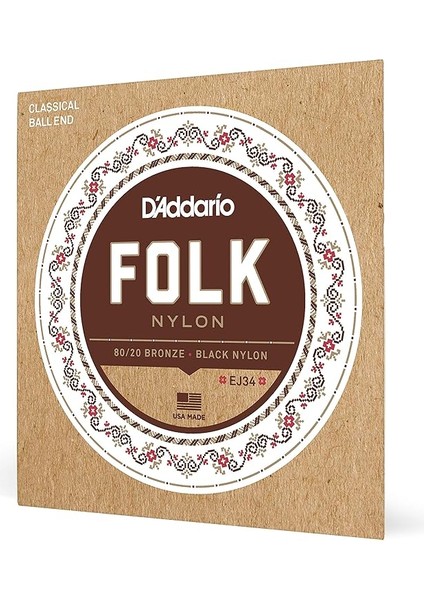 Gitar Telleri - Halk Naylon Gitar Telleri - EJ34 Klasik Gitar Telleri - Naylon Çekirdekli, Top Uçlu - 80/20 Bronz Sargı, Siyah Naylon Üçlü