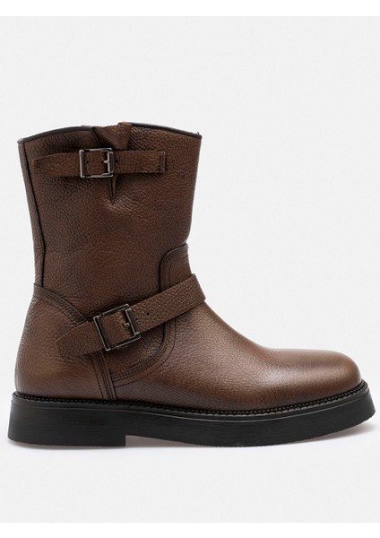 Kahverengi Fermuarlı Tokalı Hakiki Yumuşak Deri Kadın Bot