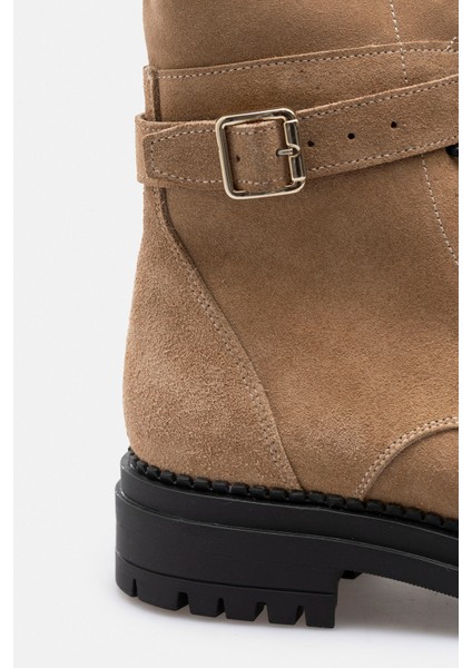 Bej Fermuarlı Bağcıklı Hakiki Süet Deri Kadın Bot indirimleri