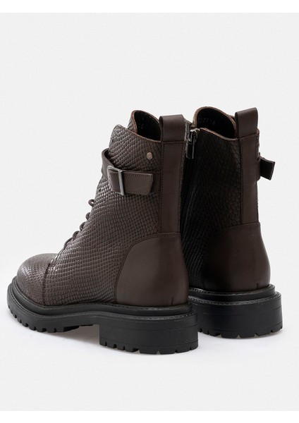 Yılan Baskı Kahverengi Hakiki Deri Bağcıklı Fermuarlı Kadın Bot modelleri