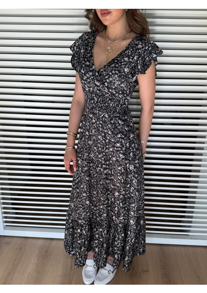 Kadın Kısa Kollu Kruvaze Yaka Beli Lastikli Çiçek Desenli Elbise fiyatları