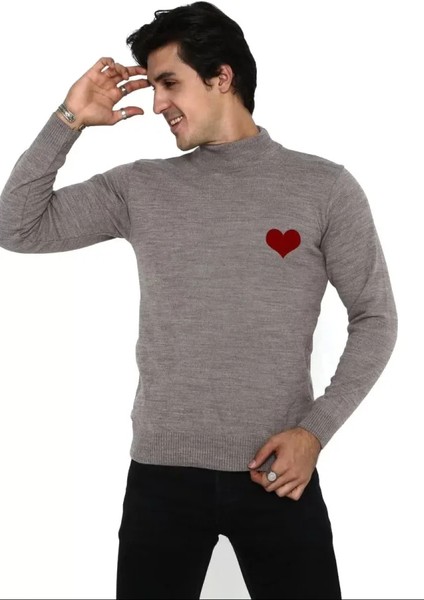 Unisex Yarım Boğazlı Baskılı Dokuma Triko - Vizon fiyatları