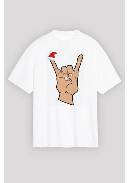 Noel Başlıklı Serçe Parmak T-Shirt - Beyaz