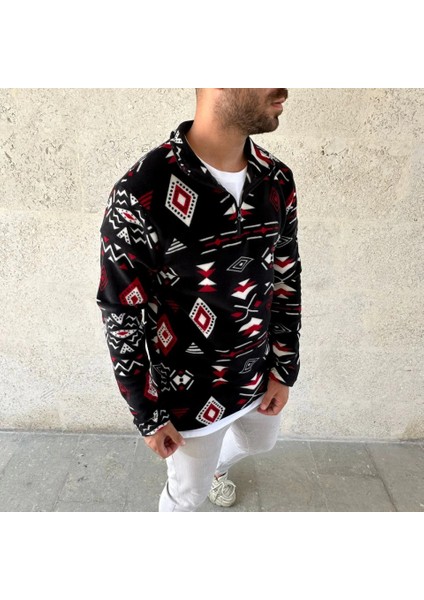 Erkek Yarım Fermuarlı Desenli Polar Sweat Tribal Etnik Desen Yakalı, Uzun Kollu, Oversize Rahat K fırsatları