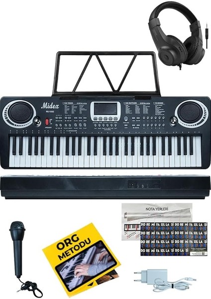 PS-1500BK-H Başlangıç Için 61 Tuşlu Org Kulaklık Notalık ve Adaptörlü (100 Ses 100 Ritim)