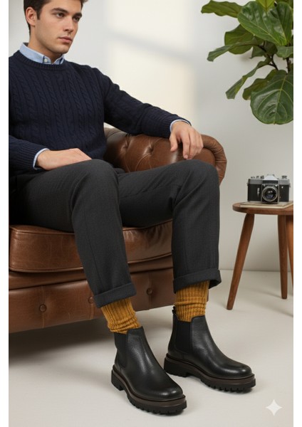 Chelse Model Lastik Detaylı Hafif Kalın Taban Hakiki Deri Günlük Klasik Tarz Bağcıksız Erkek Bot ER5K/B725