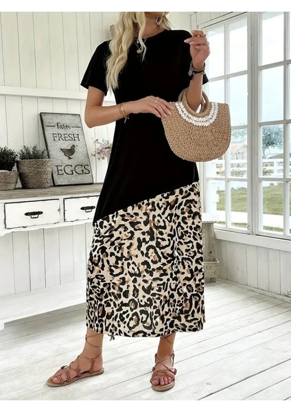 Kadın Kısa Kollu Bisiklet Yaka Leopar Detaylı Midi Üst Viskon Alt Süprem Elbise