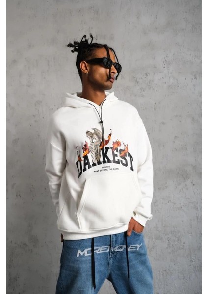 Erkek Oversize Kapüşonlu Sweatshirt – Beyaz Renk Üç Iplik Içi Pamuklu Kanguru Cepli Baskıl modelleri