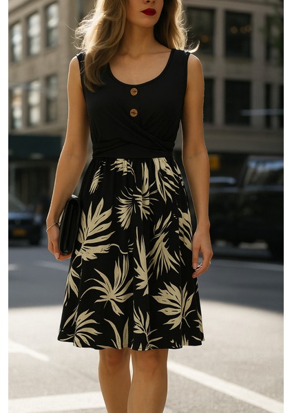 Kadın Askılı Yuvarlak Yaka Düğmeli Üst Viskon Alt Desenli Süprem Elbise