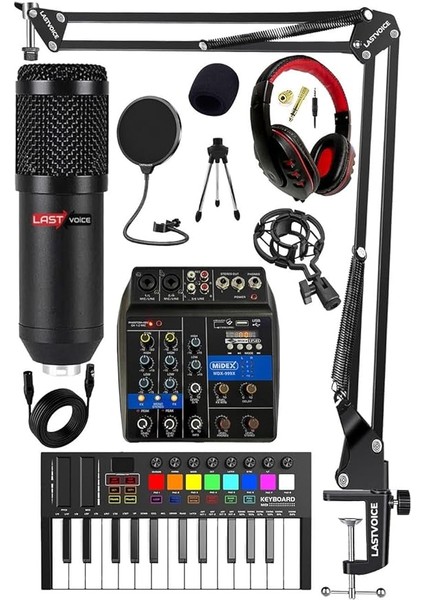 Stüdyo Ekipmanları Midi Live Paket-1 Ses Kartlı Mikser Midi Klavye BM800 Mikrofon Kulaklık