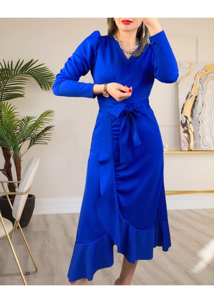 Krep Kumaş Midi Boy Kuşaklı Uzunkol Elbise fırsatları