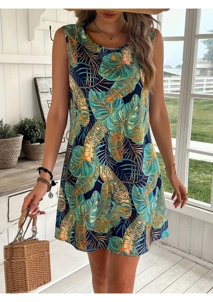 Kadın Sıfır Kollu Yuvarlak Yaka Desenli Süprem Elbise