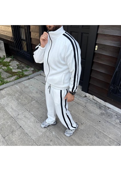 Erkek Çift Şeritli Eşofman Takım Dik Yaka Fermuarlı Sweatshirt Boru Paça Alt, Oversize 3 Iplik modelleri