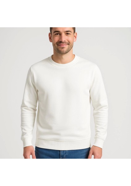 Erkek Üç Iplik Düz Bisiklet Yaka Sweatshirt - Beyaz fiyatları
