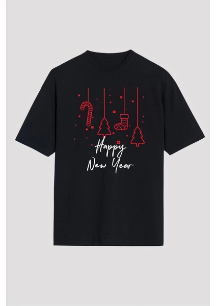 Happy New Year Baskılı T-Shirt - Siyah