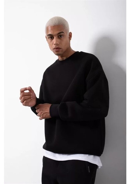 Unisex Biskilet Yaka Üç Iplik Sweatshirt - Siyah modelleri