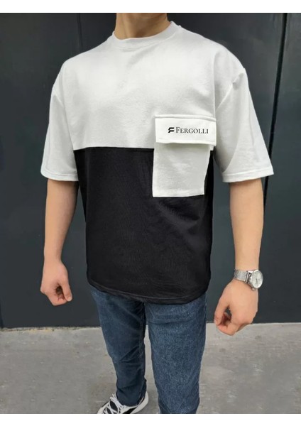 Unisex Torba Cep Detaylı Parçalı T-Shirt - Siyah