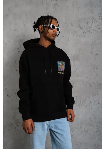 Erkek Patel Six Baskılı Kapüşonlu Sweat - Siyah fırsatları