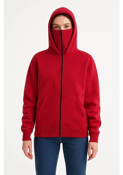 Samuray Ninja Çift Kapşonlu Zıp Fermuarlı Kanguru Çepli Hoodie Maske Detaylı Swetshirt - Kırm� fırsatları