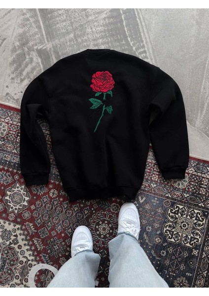 Unisex Bisiklet Yaka Ön ve Arka Baskılı Sweatshirt - Siyah modelleri