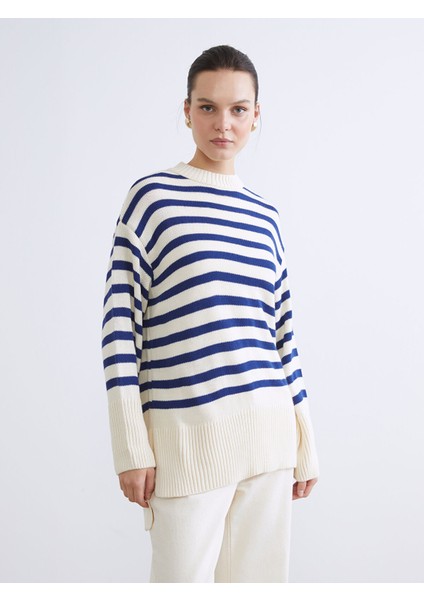 Yeni Sezon Bisiklet Yaka Çizgili Oversize Kadın Triko Kazak