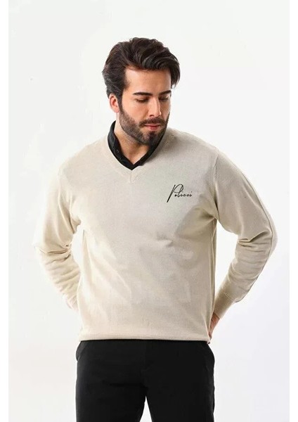 Baskılı V Yaka Uzun Kol Dokuma Triko - Bej