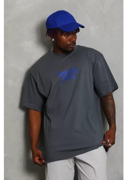 Unisex Oversize Baskılı Bisiklet Yaka T-Shirt - Füme