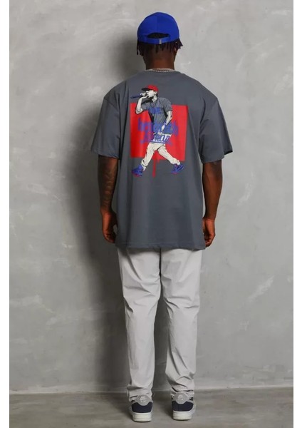 Unisex Oversize Baskılı Bisiklet Yaka T-Shirt - Füme fiyatları