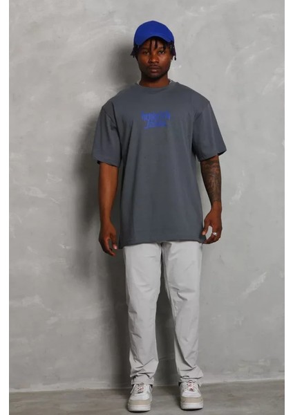 Unisex Oversize Baskılı Bisiklet Yaka T-Shirt - Füme modelleri