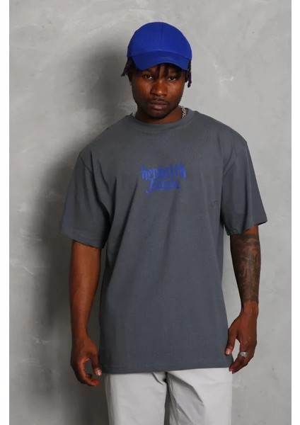 Unisex Oversize Baskılı Bisiklet Yaka T-Shirt - Füme fırsatları