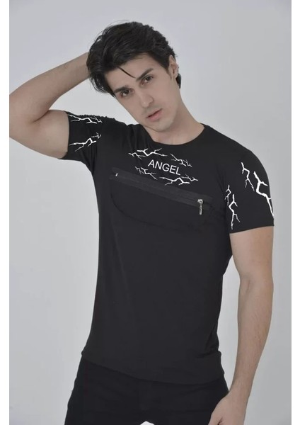 Unisex Göğüs Fermuarlı Baskılı T-Shirt - Siyah