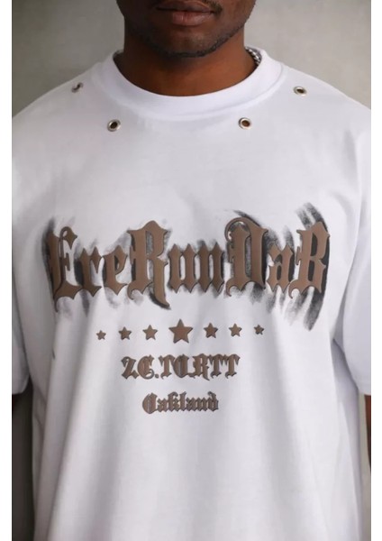 Unisex Kuşgözü Detaylı Baskılı Oversize T-Shirt - Beyaz