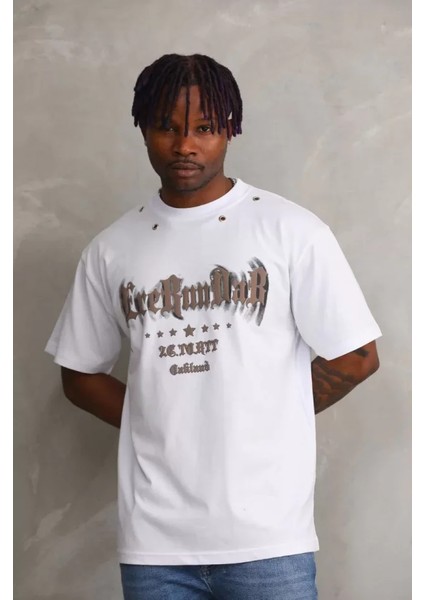 Unisex Kuşgözü Detaylı Baskılı Oversize T-Shirt - Beyaz fiyatları