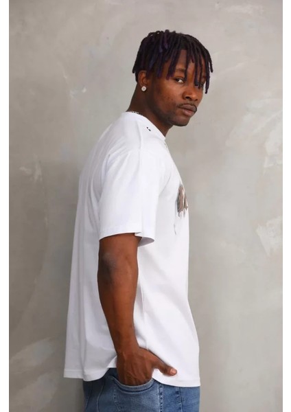 Unisex Kuşgözü Detaylı Baskılı Oversize T-Shirt - Beyaz fırsatları