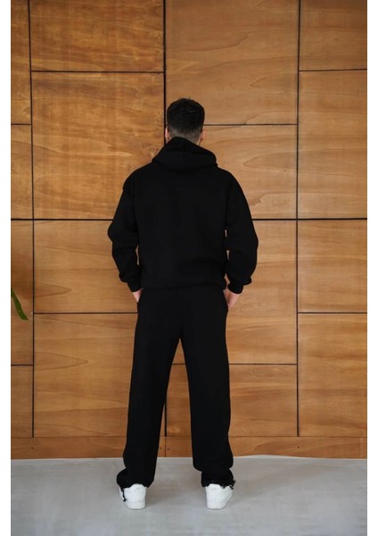 Erkek Kapüşonlu Eşofman Takım Örümcek Ağı ve Neon Yeşil Baskılı Kanguru Cepli Oversize Ra fiyatları