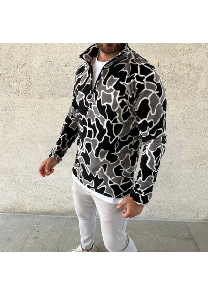 Erkek Yarım Fermuarlı Desenli Polar Sweat Yakalı, Uzun Kollu, Oversize Rahat Kalıp - Siyah fiyatları