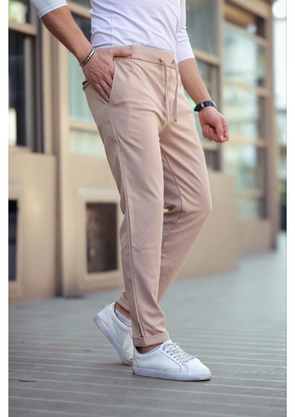 Erkek Diagonel Mikro Dokulu Cepli Beli Lastilki Pantolon - Kahverengi