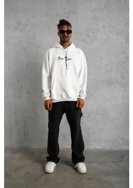 Erkek Sırt Baskılı Oversize Üç Iplik Kapüşonlu Sweatshirt - Beyaz modelleri