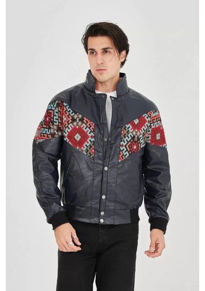 Erkek Içi Astarlı Içten Yaka Kısmı Peluşlu Suni Kumaş Vintage Ceket - Lacivert fiyatları