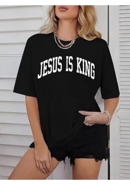 Kadın Bisiklet Yaka Kısa Kol Baskılı T-Shirt - Siyah