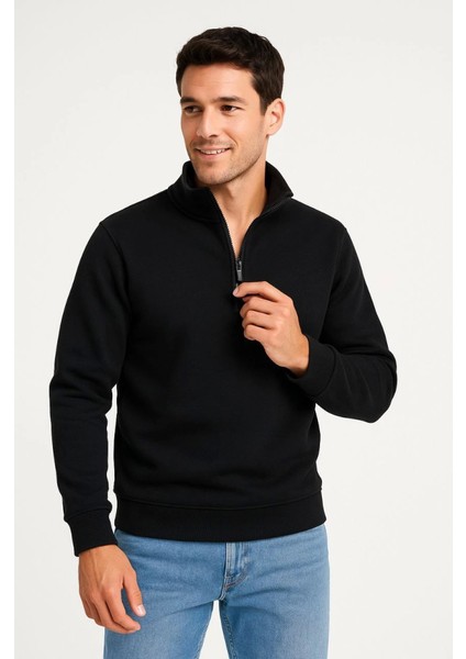 Erkek Dik Yaka Sweatshirt Dik Yaka Yarım Fermuarlı 3 Iplik Şardonlu Pamuk Kumaş - Siyah